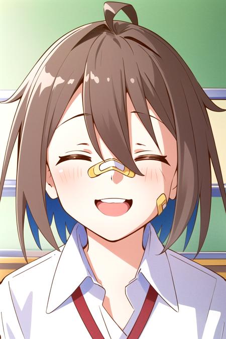 1girl, (masterpiece:1.2), highres, high quality, (perfect face and eyes:1.3), (textured skin:1.2), (solo), original, (wallpaper), serufu, red eyes, collared shirt, neck ribbon, short hair, blue skirt, school uniform, white shirt, (bandaid on nose), brown hair, <lora:yua_serufu-10:0.7>, <lora:more_details:0.3> , (classroom), smile, closed eyes, open mouth,