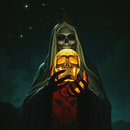 film noir style hyperrealistic,dia de los muertos themed image of santa muerte holding a glowing sugar skull crattled in her hands surrealist automatic painting, under a starlit sky . high contrast, dramatic shadows, 1940s style, mysterious, cinematic