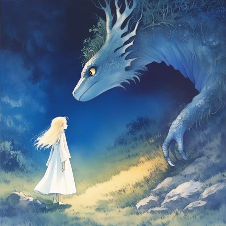 Studio Ghibli Dark Fairytale, The image is a digital illustration of a young girl standing in front of a large dragon. The dragon is blue in color and has a fierce expression on its face. It has sharp teeth and sharp claws and its eyes are glowing yellow. The girl is wearing a long white dress and has long blonde hair. She is standing on a grassy hill with rocks and bushes in the background. The sky is dark and the overall mood of the image is mysterious and magical., blonde hair, 1girl, long hair, dragon, dress, tree, standing, nature, white dress, robe