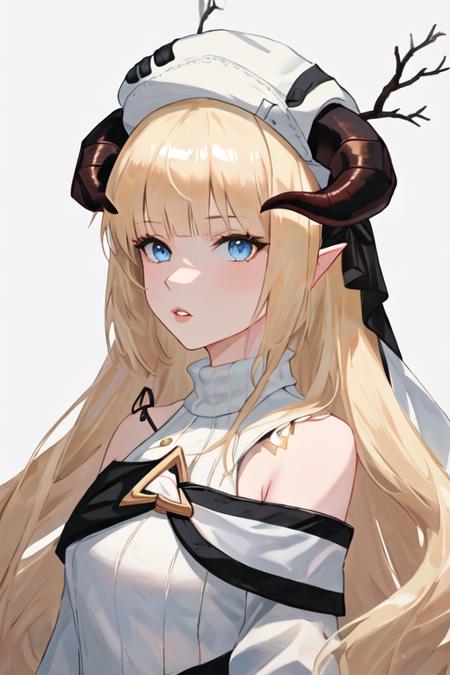 best quality, masterpiece, highres, solo, {nightingale_arknights:1.15}, long_hair, horns, blonde_hair, bangs, blue_eyes, hat, very_long_hair, white_headwear, upper_body, demon_horns, 1girl, bare_shoulders, parted_lips, turtleneck, beret, portrait, looking_at_viewer, long_sleeves