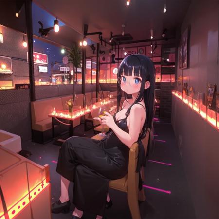 best quality, ultra-detailed, illustration,
sc1, scenery, night, lights, indoors, light, neon lights, couch, table,
1girl, glasses, black hair, long hair, black dress, drinking glass, 
 <lora:SC1_SD15_V1:1>