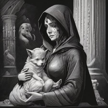 A detailed black and white engraving of the dream-like apparition of a woman in a hooded black robe, her face in shadow, cradling a wolf pup in her arms