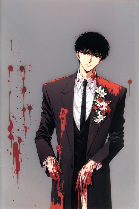 Seishiro Sakurazuka,1boy, blood, male focus, black hair, solo, necktie, hand in pocket, blood on clothes, weapon, coat,  black coat, formal, suit, looking at viewer, blood on face, flower, smile, shirt, white shirt, black necktie, <lora:Tokyo Babylon:0.8>