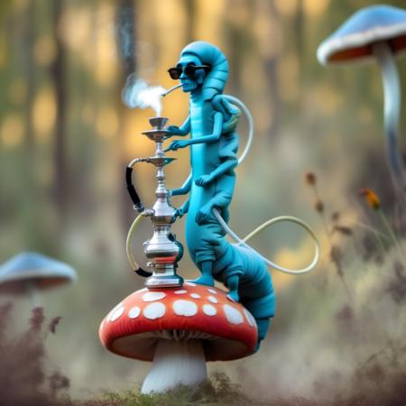 standing blue Cater01 with legs, wearing sunglasses, solo, red hair, medium dark skin, on a mushroom, smoking a hookah