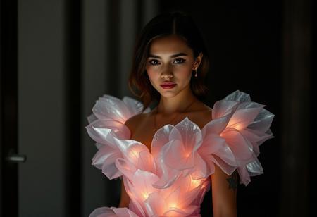 A young woman standing in a darkened room, adorned with an elaborate gown made of shimmering, translucent petals. The outfit is highly detailed with soft curves and a glowing aura. Her expression is gentle yet intense, and the lighting focuses on her figure while the background fades into shadow.