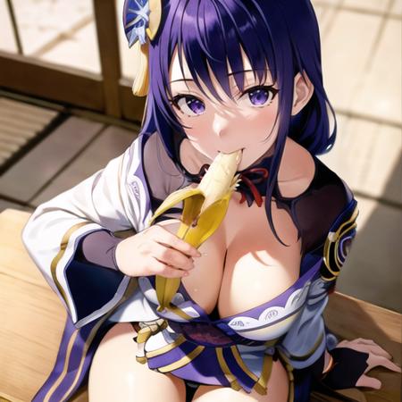 1girl, sexually suggestive, sucking banana, fruit, banana, holding banana,