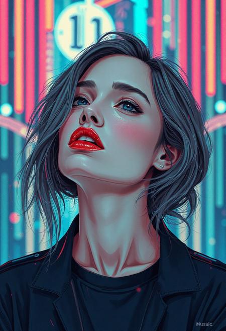 high quality design aesthetics, synth pop, detailed, pop album cover, beautiful young white woman, artist name "Musaic"