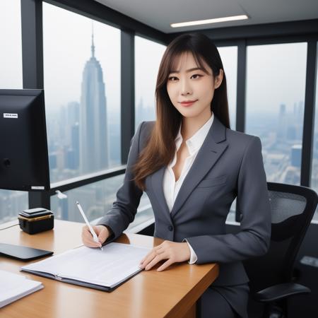 raw photo ,Create a sophisticated and powerful image of a high-ranking female executive in a multinational corporation. She's seated at her sleek, modern desk, one leg elegantly crossed over the other, a lit cigarette in hand. Her face reflects a mixture of determination and contemplation as she gazes at the computer screen, perhaps reviewing a critical business report or making a strategic decision. She's dressed in a tailored business suit, her accessories and surroundings reflecting her status and success. The office is tastefully decorated with art, awards, and a view of the city skyline through floor-to-ceiling windows. The lighting is soft but focused, highlighting her face and the smoke from the cigarette, adding to the ambiance of power and control,<lora:akibaba:0.65>