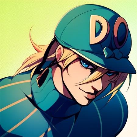 hat, hair between eyes, diego brando, abstract, 1boy, solo, blonde hair, blue eyes,  sweater, green shirt, v-shaped_eyebrows, masterpiece, best quality,  detailed digital artwork, hi res,  beautiful, <lora:diego brando8:0.95>