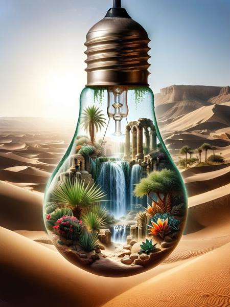 ais-bulbz a hidden garden oasis with a sparkling waterfall inside the bulb,  ancient ruins swallowed by the desert sands background outside the bulb <lora:Inside_A_Bulb_SDXL:0.8>