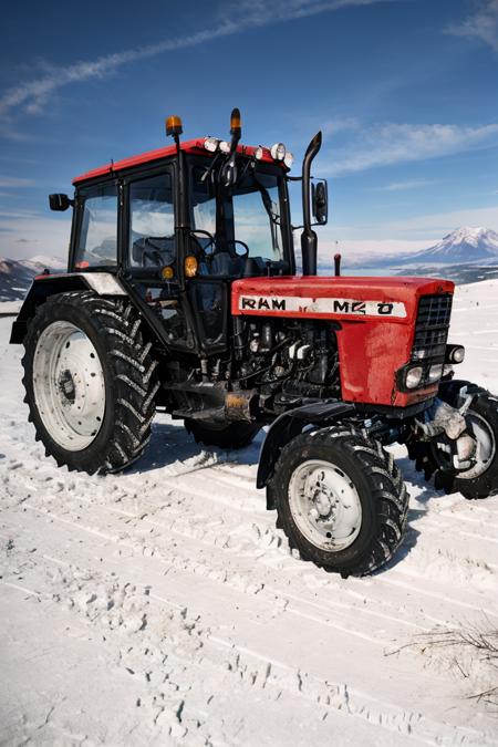 photo RAW,(mtz82, a Crimson tractor parking on Snowy mountain peak under the clear blue sky <lora:mtz82:0.75>,Realistic, realism, hd, 35mm photograph, 8k), masterpiece, award winning photography, natural light, perfect composition, high detail, hyper realistic, dusty atmospheric haze, high quality textures of materials, volumetric textures, coating textures, metal textures