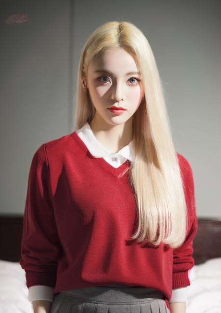 1girl, (masterpiece, best quality:1.2), adult woman, Best portrait photography, <lora:Jinsoul-10:1>, full body, bedroom, <lora:FilmVelvia3:0.5>, facing viewer,  (perfect eyes:1.3), perfect proportions, Jinsoul, octane render, blonde hair, school uniform, white skirt, red sweater, fcHeatPortrait,