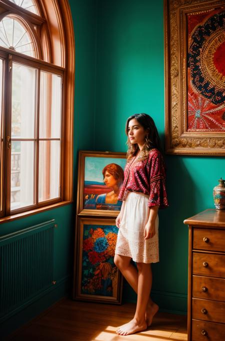 Portrait Photo of a figure standing in a room painted in deep, passionate hues, with eclectic art and bold patterns adorning the walls, under the soft, diffused light of late afternoon, from a slightly angled perspective  <lora:add_detail:0.6>  <lora:picxer_real:0.6>