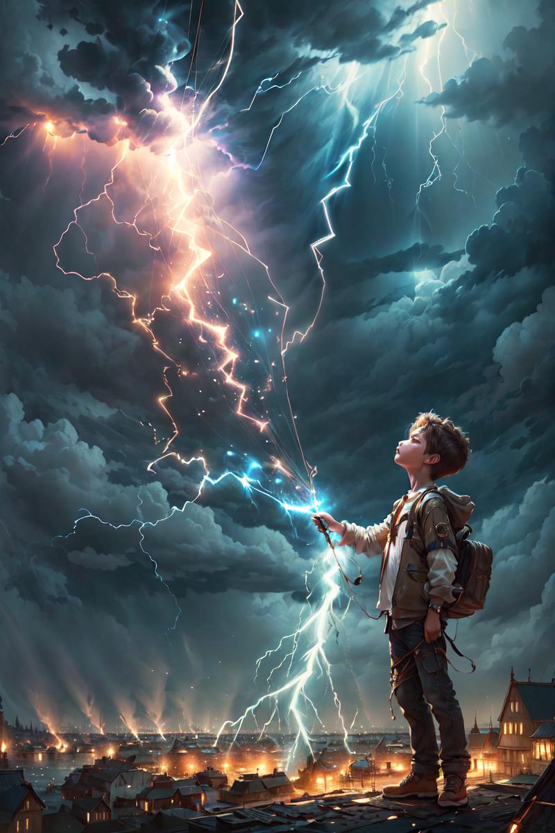 A boy flying a kite in a stormy sky with lightning bolts.
