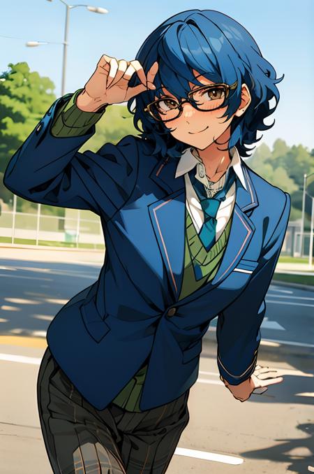 Tsumugi Aoba, solo, smile, necktie, glasses, pants, blazer, necktie, plaid pants, school uniform, cowboy shot, blue hair, blush, soft expression, outdoors