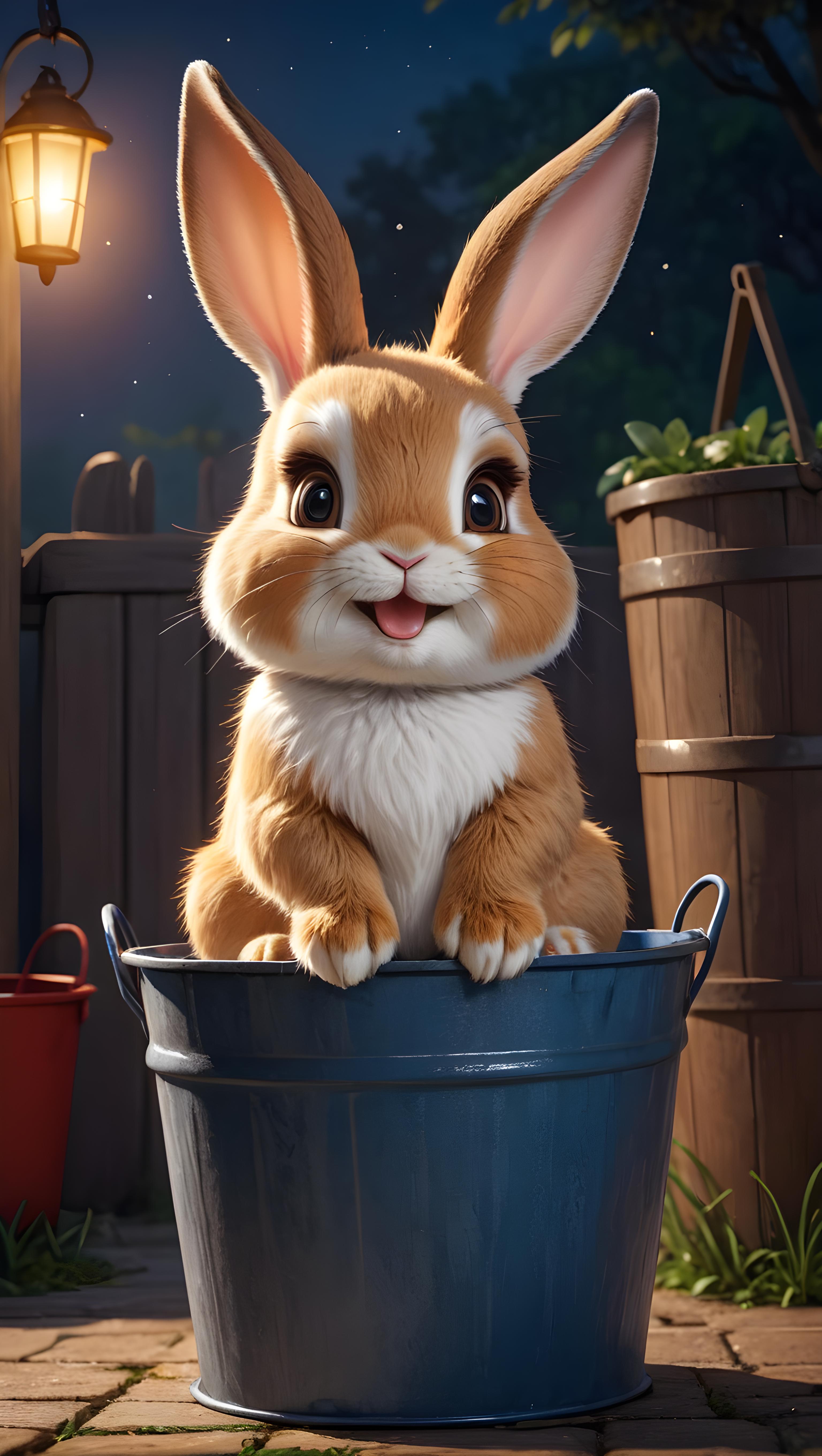A cartoon rabbit sitting in a blue bucket.