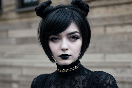 Teen brunnete nordic goth girl | tattoo | dark | Adult | On street | High quality | gothic makeup | realistic | informal | cute girl | bob cut hair | choker | solo | black hair