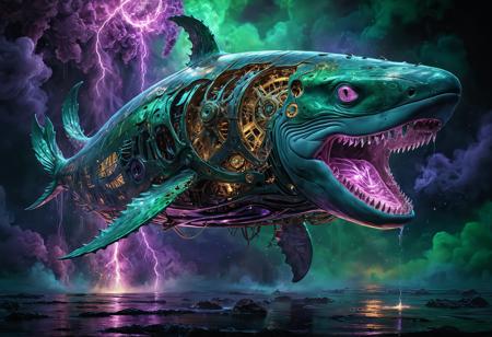 Ultra-detailed painting of a 'Clockwork Leviathan' — a colossal biomechanical whale floating in a neon-drenched void, its metallic ribs exposing gears that turn with liquid mercury. Thousands of tiny humanoid figures crawl inside its machinery, maintaining the illusion of life. The creature's eye is a shattered portal to a dying star, and its tail dissolves into fractal smoke. Style: hyper-realistic oil painting meets glitch art, with insane texture contrast (smooth chrome vs. cracked porcelain skin). Lighting: toxic green and deep violet, as if the scene is lit by a dying galaxy <lora:FluxDFaeTasticDetails:1> <lora:glowneon_xl_v1:1> glowneon, glowing, sparks, lightning