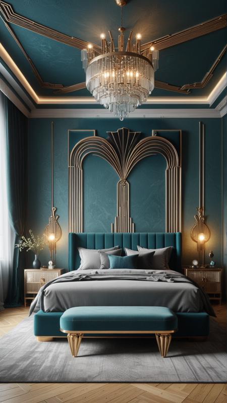 <lora:ArtDecoStyleSDXL:1> ArtDecoStyle luxurious decadent, dark turqoise bedroom, cozy bed, ceiling lamp, wall, recliner, linear patterns, sharp, art deco, RAW photo, realistic, photorealism