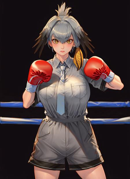 beautiful, masterpiece, best quality, realistic photo of 1girl, shoebill, huge breasts, (boxing pose:1.2),collared shirt, grey hair, grey necktie, grey pantyhose, grey shirt, grey shorts, hair between eyes, head wings, highres, kemono friends, layered sleeves,  <lora:my_LoRA_ShoebillKemonoFriends_v1:0.7>