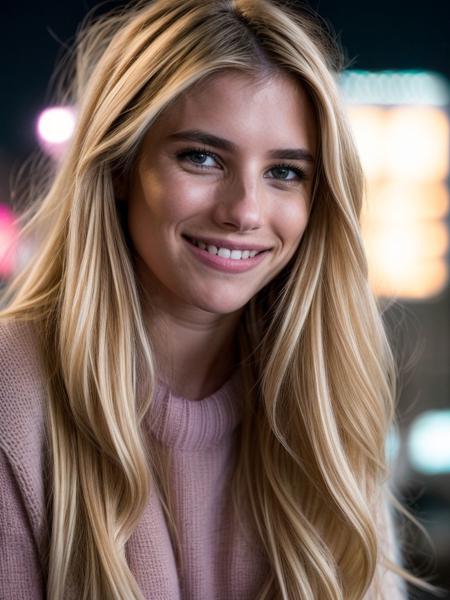 <lora:emma3-29:1> a photo of emrb,long hair ,smile,blonde hair,close-up,cinematic,Canon powershot , bokeh,filmic grain,motion blur,soft lighting ,neon lights,uhd,8k,ultrasharp,masterpiece,city street,nighttime,wearing a sweater,low brightness,dimly lit  <lora:add_detail:1>