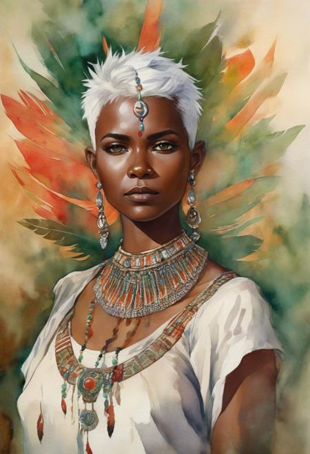 Portrait of desert fairy, pixie haircut, shaman girl, white hair, African style, feather, jewels, savanna, wear red top with floral design, open shoulder and belly, serious face, greg rutkowski, Tattoos on arms, green eyes, watercolor, masterpiece