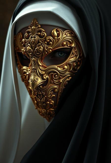 Imagine a breathtakingly detailed, photorealistic digital artwork of a nun’s face, rendered with stunning clarity using Panavision Prime-style optics. The nun’s face emerges, partially shadowed, beneath her traditional white habit and black veil. But this is no ordinary portrait—her face is adorned with a dazzling, golden, intricately carved mask that hints at both glamour and mystery, veiling her true expression beneath. The mask’s ornate designs spiral into almost grotesque beauty, adding an otherworldly allure. The contrast between her solemn attire and the lavish, opulent mask creates an eerie elegance, blending fashion with an air of thrilling suspense. The entire scene feels almost cinematic, evoking both the thrill of secrecy and the seduction of high fashion.