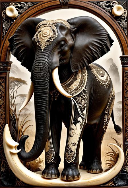 an African elephant adorned with ebony and ivory inlays, scrimshaw style, intricate engraved patterns on tusks and body, majestic posture, black and white ornamental contrast, hyper-detailed textures, carved bone and wood aesthetic, surreal and regal presence, tribal elegance, photorealistic lighting, standing in a misty savanna, fantasy realism, sdxl style