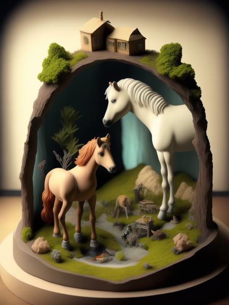 <lora:DIORAMA:1>miniature horse diorama play stage garden