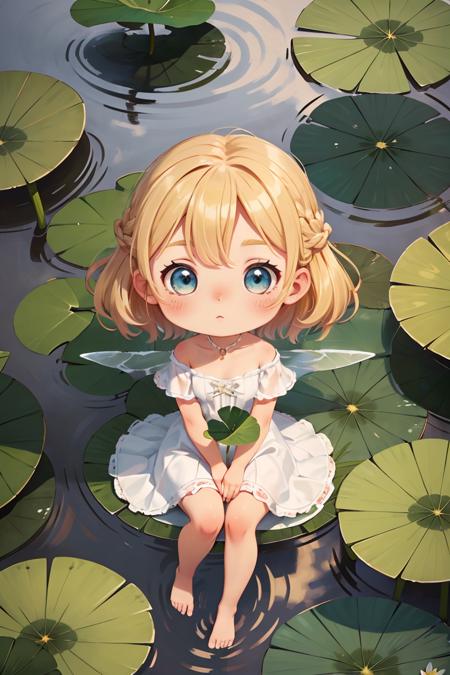 (chibi:1.2),1girl,chest,fairy,blonde hair,medium hair,french braid,white dress,from above,upturned eyes,sitting on a lotus leaf,lotus,feet in the water,ripples,