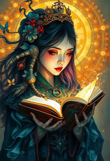 score_9, score_8_up, score_8_up, Cinematic composition,masterpiece, resplendent highlighting, 8k. 
1girl, a beautiful oracle with an open glowing book, full body surreal, fragmented, intense colors, liquid, unreal parts, alluring, fluid, perfection, gothic. Face dynamically highlighted, Illustration, klimt Bill Sienkiewicz. maximum detail, Chinese watercolor and ink technique. Gold leaf highlights.
<lora:xl_more_art-full_v1> <lora:epi_noiseoffset2>3