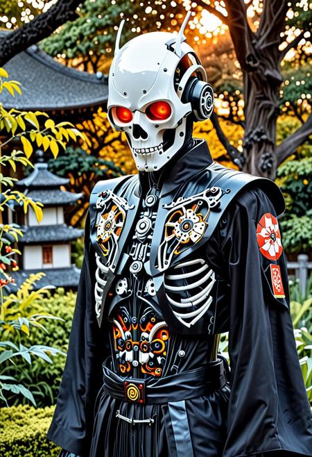 (pixel face, screen face, hologram), (Organic Macabre Android , Organic Macabre robot body ), helmet, formal kimono , tending a Organic Macabre Japanese garden, sunset