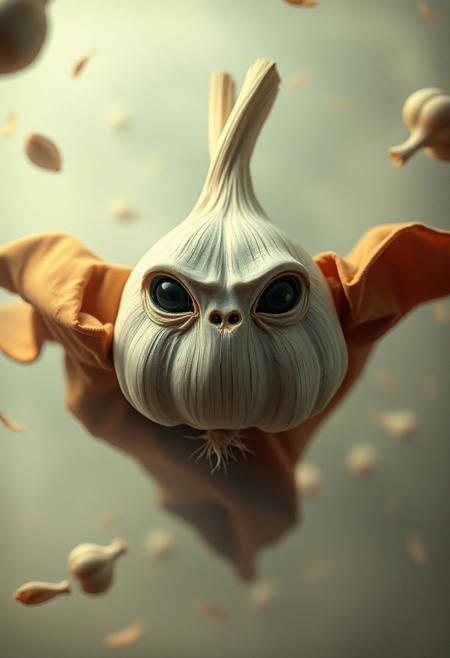 Imagine an alien-like garlic bulb, floating in a swirling, surreal fog, with a windswept cloak billowing around it. Its gaze is direct and intense, set against the backdrop of looping, swirling garlic imagery. The scene has an award-winning photographic quality, with extremely intricate and high-resolution details. Shot with the nostalgic feel of a 35mm camera, the image has a grainy, vintage look, accentuated by a vignette, as if captured on Kodachrome film, evoking a touch of Lomography’s dreamlike aesthetic.