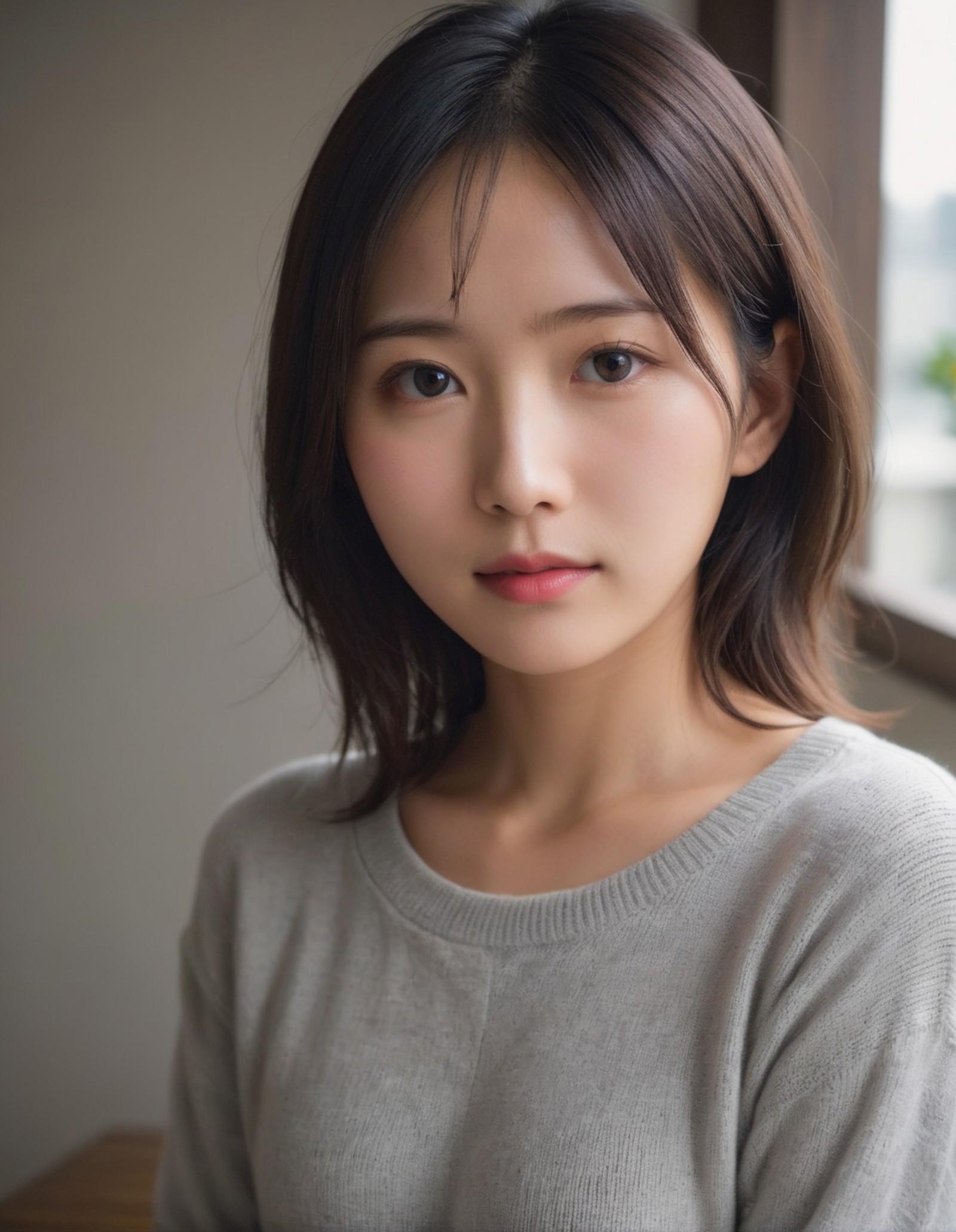 japanese woman, cute, 27yo, close-up, (natural lighting:2)
(gray sweater),
(thin curtain, dimly lit room:0.5)