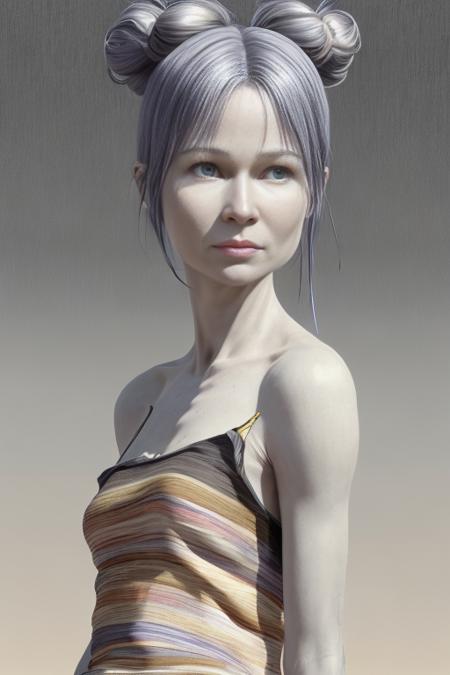 3D Digital Paintings , Graphite Pencils upper body portrait of  proud miniature  Rene Zellweger ,  skinny   with Indigo hair  in A dry place like an empty desert A magical kingdom where everything is perfect and everyone is happy , double vertical stripe Yagasuri patchwork clothing by Eduard Veith , Art Frahm , Shinji Aramaki , Robert Motherwell hyperrealism chillwave