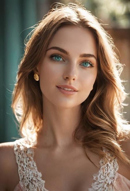 ▲ Close to: 
Beautiful woman, skin:1.5, upper_body, green eyes, long hair, smile, earrings, light high lace, strapless, turquoise background, portrait photo, blush, 