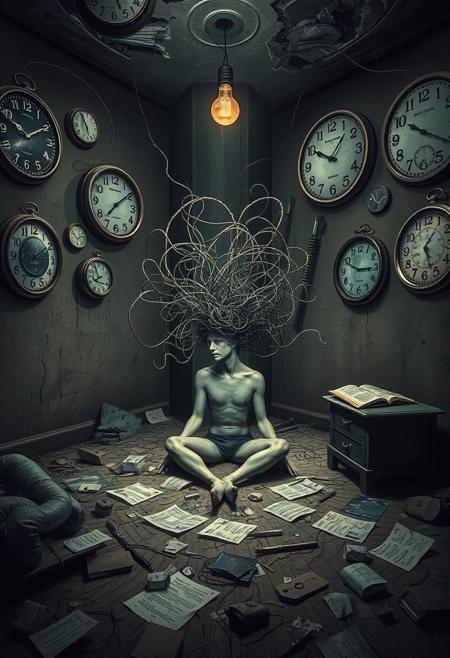 Depict the concept of insanity through a surreal scene. In the center, a human figure is sitting on the floor in a dark, crumbling room. The figure’s head is split open, with chaotic streams of thoughts, represented by twisted, tangled wires, flowing out. The room’s walls are covered with fragmented clocks and melting mirrors, symbolizing a distorted sense of time and reality. The floor is littered with broken pieces of furniture and scattered papers with incomprehensible scribbles. A single, flickering lightbulb hangs from the ceiling, casting eerie shadows that twist and move as if alive. The overall atmosphere should feel unsettling, conveying a mind on the brink of collapse. Ultra high quality, Trending on artstaion, masterpiece,