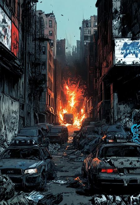 Subject & Scene: A chaotic urban battleground where sleek, shiny hover vehicles and lithe VTOLs clash against rugged, grimy trucks and motorcycles. Walls of crumbling buildings adorned with faded graffiti and worn propaganda posters clash with holographic billboards and glowing neon signs. Figures in ragged scavenger gear face soldiers in futuristic tactical armor.
Lighting: A smoky, dynamic skylight cast through diffused beams of cool blue and harsh amber, mixed with the flickers of fire, glowing sci-fi energy blasts, and the glowing embers of destruction. Dappled shadows lean into the scene's intrigue.
Mood: Tense, gripping, and foreboding. A desperate survival energy contrasts sharply with the cold precision of advanced technology.
Technique: Sharp, detailed line art with atmospheric perspective. Layered textures — polished metal, scorched concrete, and torn fabric. High contrast between clean utopian surfaces and rough post-apocalyptic grime, reminiscent of Syd Mead's mix of clean edges and dystopian intrigue.
Palette: Dominated by desaturated earthy tones—grays, browns, and dusty beiges—contrasted with stark, glowing neon blues, greens, and sharp red lasers. Smoky oranges and ash blacks dominate the air.
Style: Comic book-inspired graphic novel aesthetic with heavy ink outlines. Painterly gradients and tonal washes akin to futuristic concept art. 
syntheticbreed