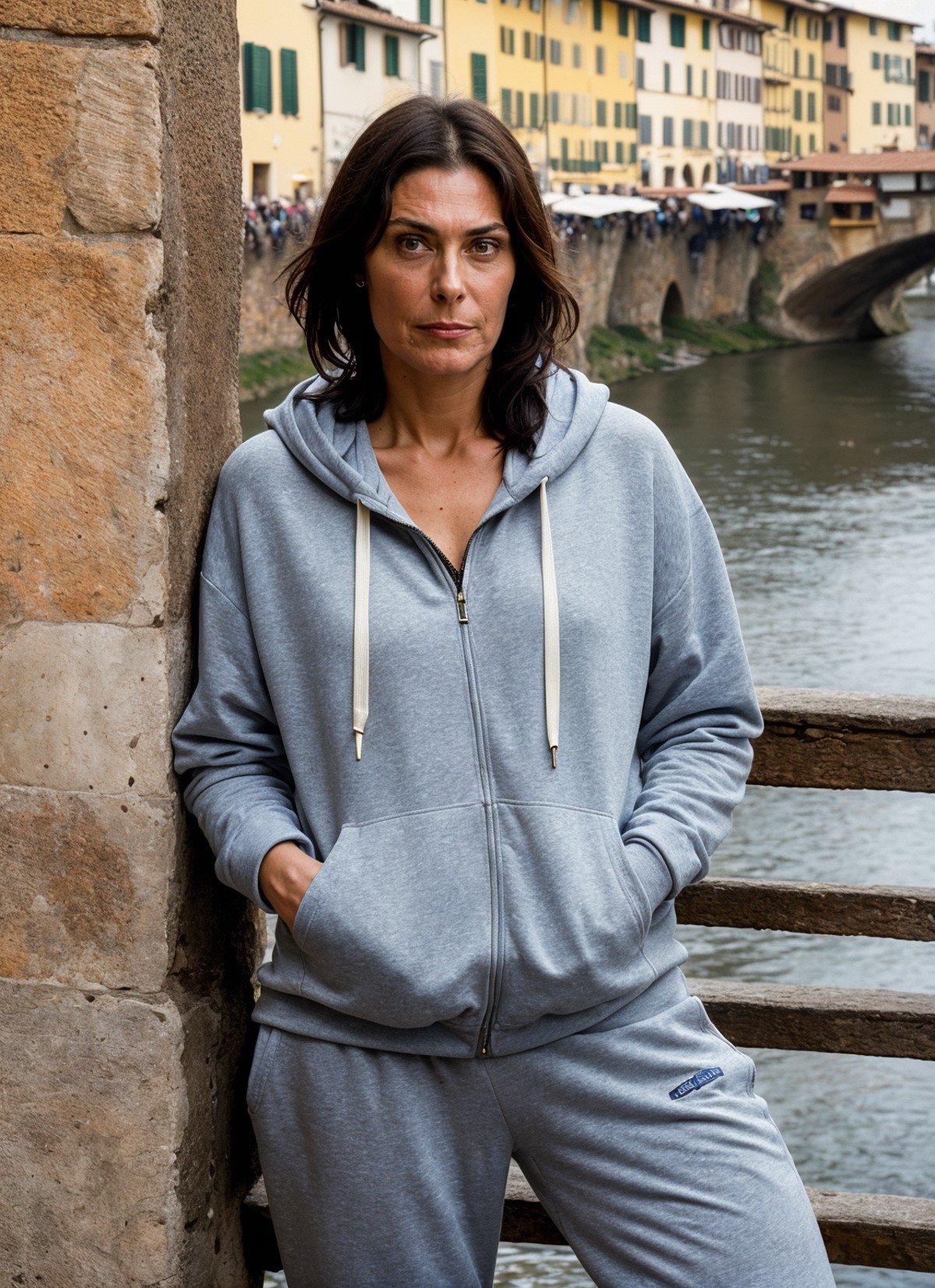 A stunning intricate full color portrait of (sks woman:1) in Florence, at the Ponte Vecchio, wearing Hoodie and sweatpants...