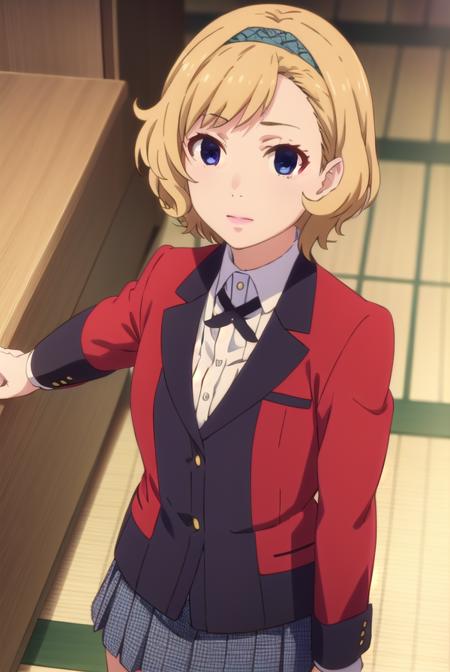 itsukisumeragi, <lora:itsuki sumeragi s2-lora-nochekaiser:1>,
itsuki sumeragi, short hair, blue eyes, blonde hair, braid, hairband, smile,
BREAK skirt, shirt, school uniform, jacket, white shirt, pleated skirt, collared shirt, black skirt, blazer, (red jacket:1.5),
BREAK indoors, classroom,
BREAK looking at viewer, (cowboy shot:1.5),
BREAK <lyco:GoodHands-beta2:1>, (masterpiece:1.2), best quality, high resolution, unity 8k wallpaper, (illustration:0.8), (beautiful detailed eyes:1.6), extremely detailed face, perfect lighting, extremely detailed CG, (perfect hands, perfect anatomy),