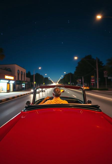 Candid street photography in electric vivid colors shows a lone figure driving an old convertible at dusk. The road extends into a starlit night sky. The scene captures spontaneous, urban moments of a journey, emphasizing pursuit and the thrill of chasing dreams.