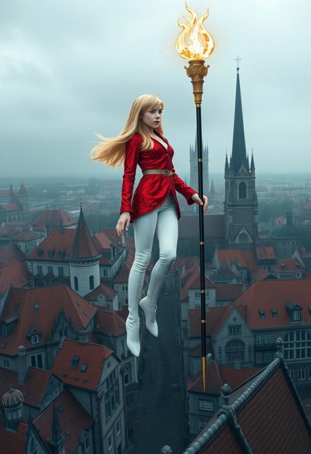 A beautiful young girl who has blonde semi-long hair is floating over the church. She posed standing position with her feet attached. She wears glittering and tight red jacket and white pants and white high hills. Her face shows no emotion. She holds bottom of very long magic staff whch is much taller than her and its head is blazing with very large white and yellow light. She is looking the city under her feet. The city is full of medieval builings which covered vermilion colored roof. Camera is taking her picture from 100m far slightly higher sky. So she takes very small portion of whole picture.