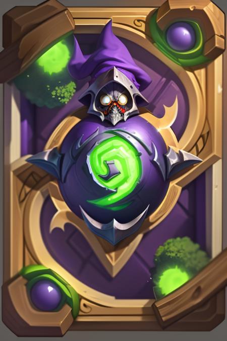 (masterpiece:1.1), (best quality:1.1),hearthstone_card,
wood border,  witch , glowing eyes,  purple hat, ornate robe, dark medieval room indoors, cauldron with green potion, spider web, particles, evil,fantasy,hearthstone's icon in the middle,
 sharpening,  <lora:hearthstone_4-000005:1>