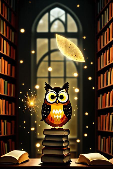 Cartoon Owl Librarian in a Real Library
An elderly cartoon owl with half-moon glasses sits atop a stack of glowing books inside a grand real library hall. Warm golden light reflects off wood and glass. Magic particles float around as the owl turns a page mid-air.