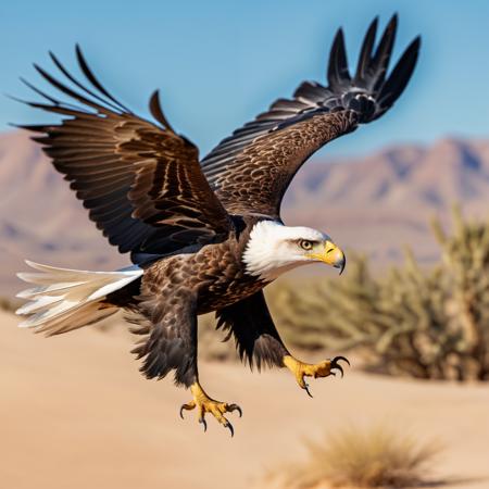     Majestic desert eagle, mid-flight, expansive blue sky, sunlit feathers, sharp talons, focused eyes, dynamic motion, desert landscape below, crisp details, natural lighting, Kodak film realism, 8K UHD precision.

