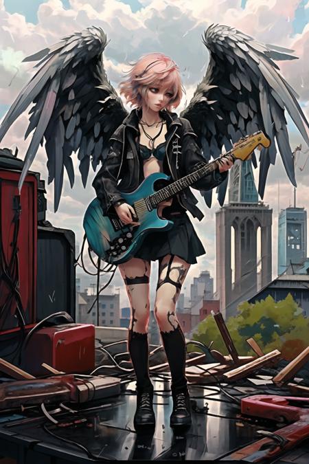 g0th4ng3ls angel with pink hair, goth, skintight sexy lacy lingerie, necklace, wings folded, holding guitar, playing guitar, standing on the roof of a church in the rain, high quality, high detail <lora:gothicAngelsV4-000030:1>