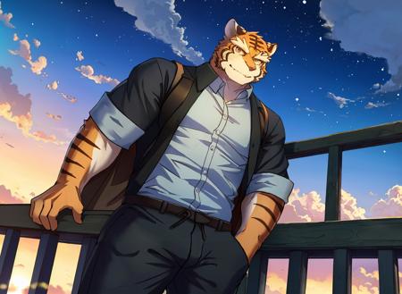 muscular male, orange eyes,tiger furry,tiger ears, 