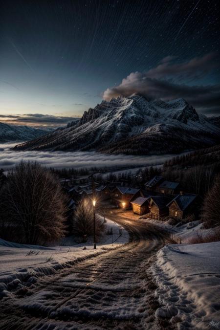 (masterpiece, best quality, highres:1.2), otherwordly snowy landscape, eerie atmosphere, night sky, foggy,