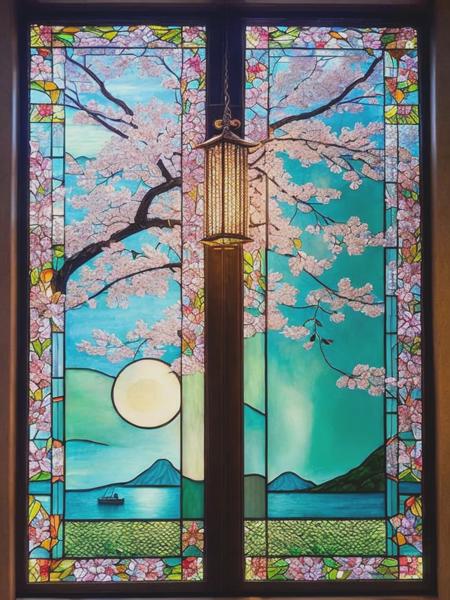 <lyco:LouisComfortTiffany:1.0> a tiffany window with cherry blossom in a fantay oracle