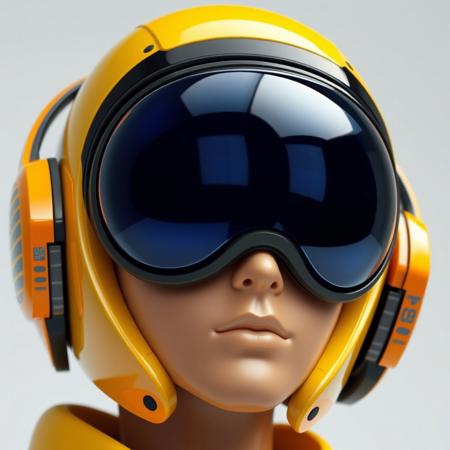 The figure's head is encased in a streamlined helmet, predominantly yellow with black accents. The helmet appears highly polished, with a smooth, almost glossy finish. Integrated into the helmet are large, circular, reflective lenses that cover the eyes entirely. The lenses glow with blue hue, giving off a cool, futuristic aura. These oversized goggles suggest an augmented reality or heads-up display function, typical of high-tech environments. Around the figure’s ears are sleek, futuristic headphones, which are seamlessly built into the helmet design. These headphones are primarily orange with grey, horizontal stripes along the side, indicating an interface for communication or audio enhancements. The skin tone appears smooth and artificial, hinting at synthetic or modified human characteristics